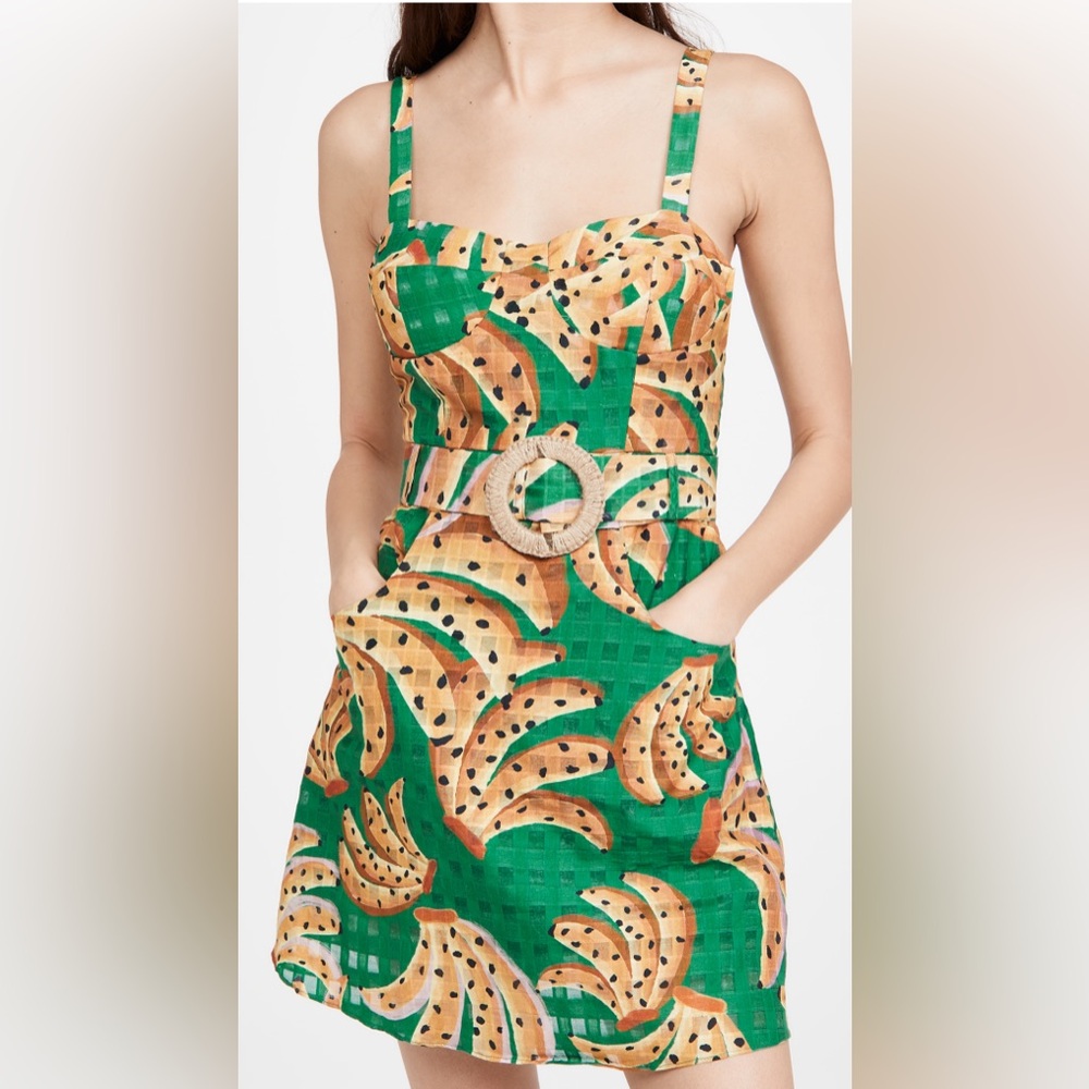 Farm Rio Green Raining Bananas Mini Dress